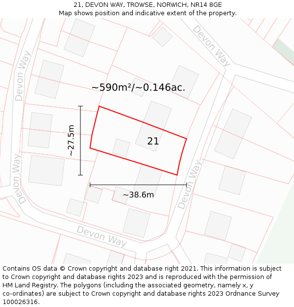 21, DEVON WAY, TROWSE, NORWICH, NR14 8GE: Plot and title map