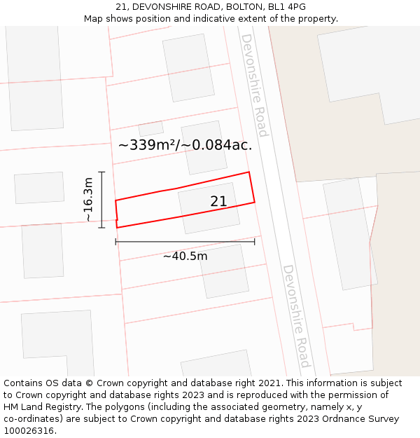 21, DEVONSHIRE ROAD, BOLTON, BL1 4PG: Plot and title map