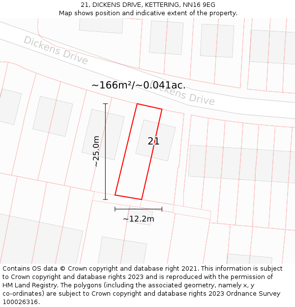 21, DICKENS DRIVE, KETTERING, NN16 9EG: Plot and title map
