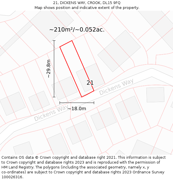 21, DICKENS WAY, CROOK, DL15 9FQ: Plot and title map