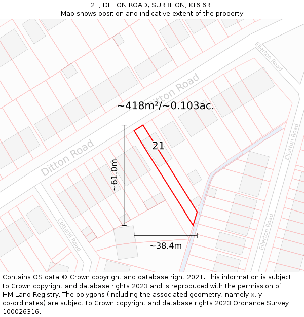 21, DITTON ROAD, SURBITON, KT6 6RE: Plot and title map