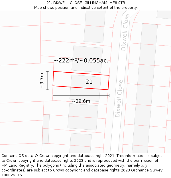21, DIXWELL CLOSE, GILLINGHAM, ME8 9TB: Plot and title map