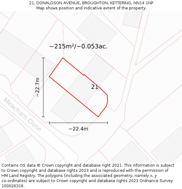 21, DONALDSON AVENUE, BROUGHTON, KETTERING, NN14 1NP: Plot and title map