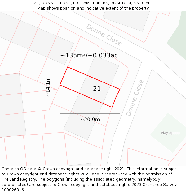 21, DONNE CLOSE, HIGHAM FERRERS, RUSHDEN, NN10 8PF: Plot and title map