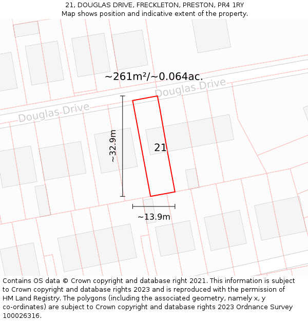 21, DOUGLAS DRIVE, FRECKLETON, PRESTON, PR4 1RY: Plot and title map