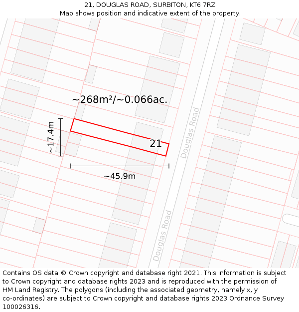 21, DOUGLAS ROAD, SURBITON, KT6 7RZ: Plot and title map