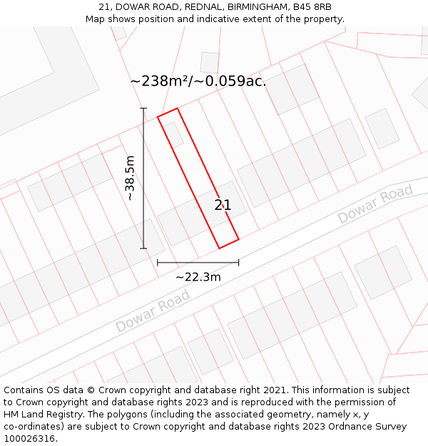 21, DOWAR ROAD, REDNAL, BIRMINGHAM, B45 8RB: Plot and title map