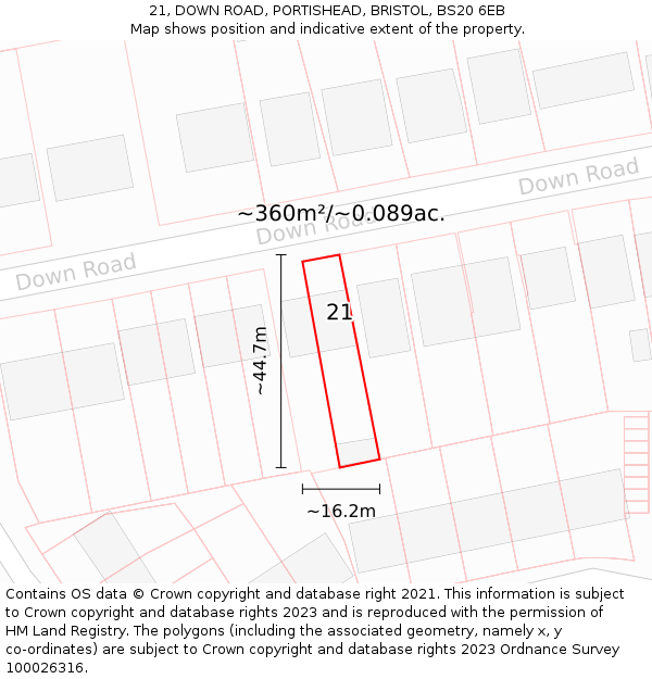 21, DOWN ROAD, PORTISHEAD, BRISTOL, BS20 6EB: Plot and title map