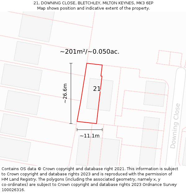 21, DOWNING CLOSE, BLETCHLEY, MILTON KEYNES, MK3 6EP: Plot and title map