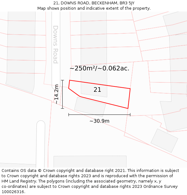 21, DOWNS ROAD, BECKENHAM, BR3 5JY: Plot and title map