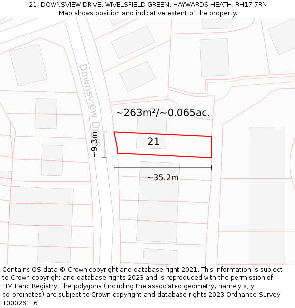 21, DOWNSVIEW DRIVE, WIVELSFIELD GREEN, HAYWARDS HEATH, RH17 7RN: Plot and title map