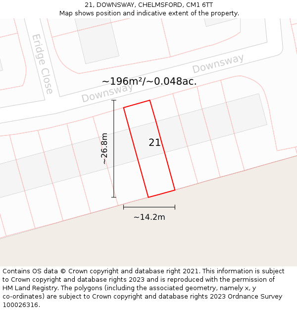 21, DOWNSWAY, CHELMSFORD, CM1 6TT: Plot and title map