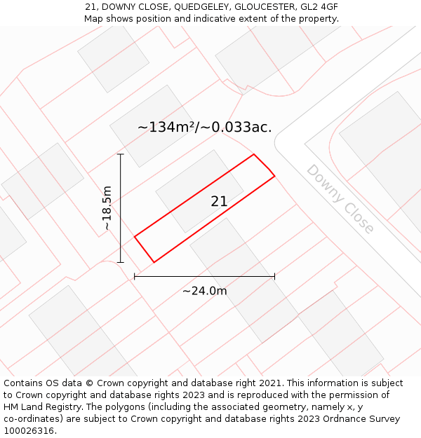 21, DOWNY CLOSE, QUEDGELEY, GLOUCESTER, GL2 4GF: Plot and title map