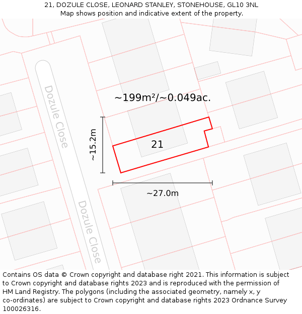 21, DOZULE CLOSE, LEONARD STANLEY, STONEHOUSE, GL10 3NL: Plot and title map