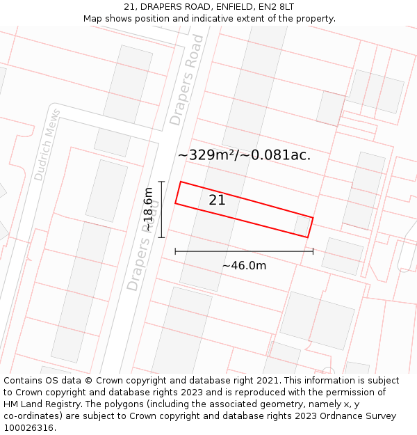 21, DRAPERS ROAD, ENFIELD, EN2 8LT: Plot and title map