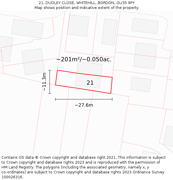 21, DUDLEY CLOSE, WHITEHILL, BORDON, GU35 9PY: Plot and title map