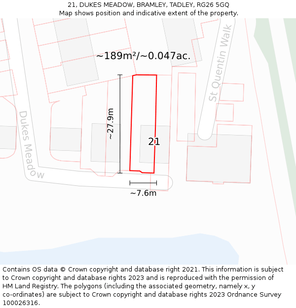 21, DUKES MEADOW, BRAMLEY, TADLEY, RG26 5GQ: Plot and title map