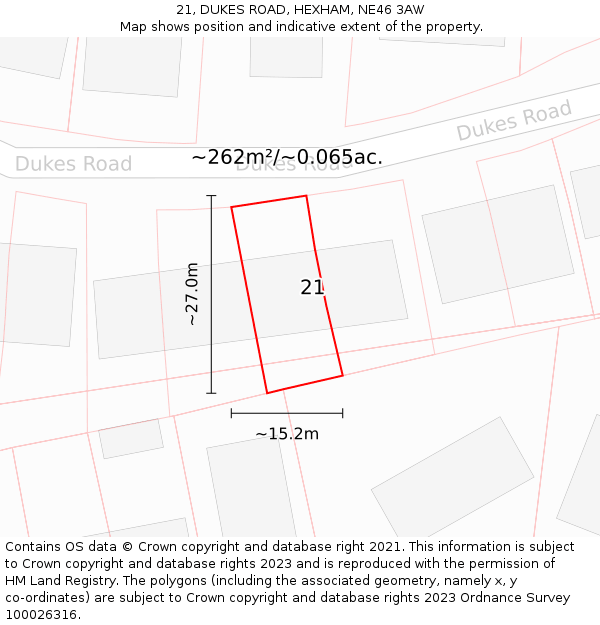 21, DUKES ROAD, HEXHAM, NE46 3AW: Plot and title map