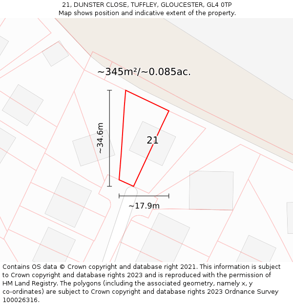 21, DUNSTER CLOSE, TUFFLEY, GLOUCESTER, GL4 0TP: Plot and title map
