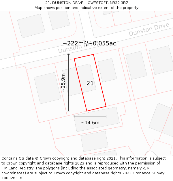 21, DUNSTON DRIVE, LOWESTOFT, NR32 3BZ: Plot and title map