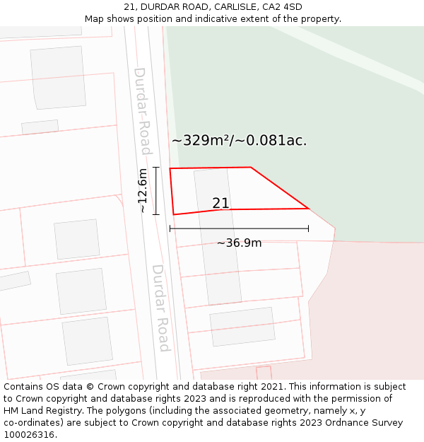 21, DURDAR ROAD, CARLISLE, CA2 4SD: Plot and title map
