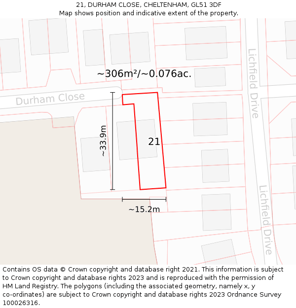21, DURHAM CLOSE, CHELTENHAM, GL51 3DF: Plot and title map
