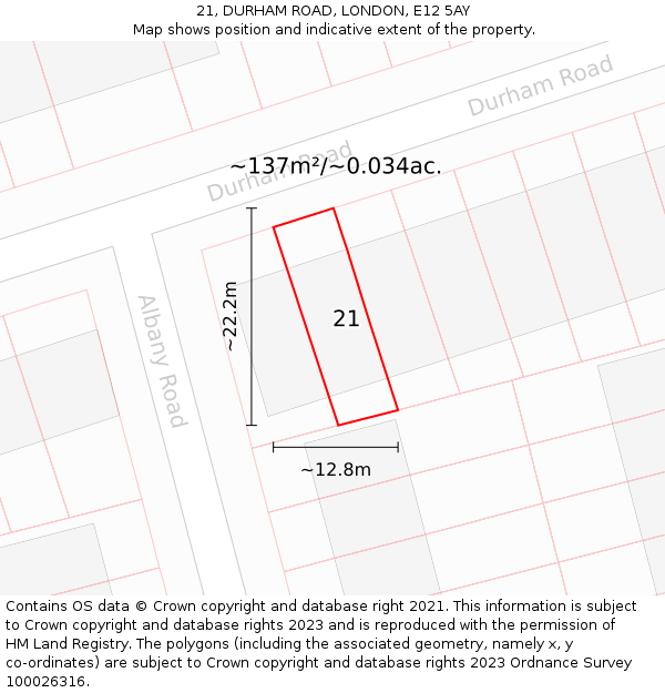 21, DURHAM ROAD, LONDON, E12 5AY: Plot and title map