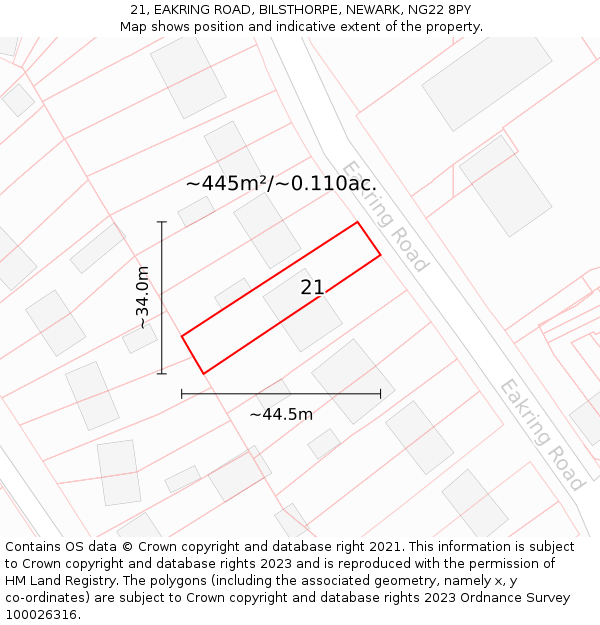 21, EAKRING ROAD, BILSTHORPE, NEWARK, NG22 8PY: Plot and title map