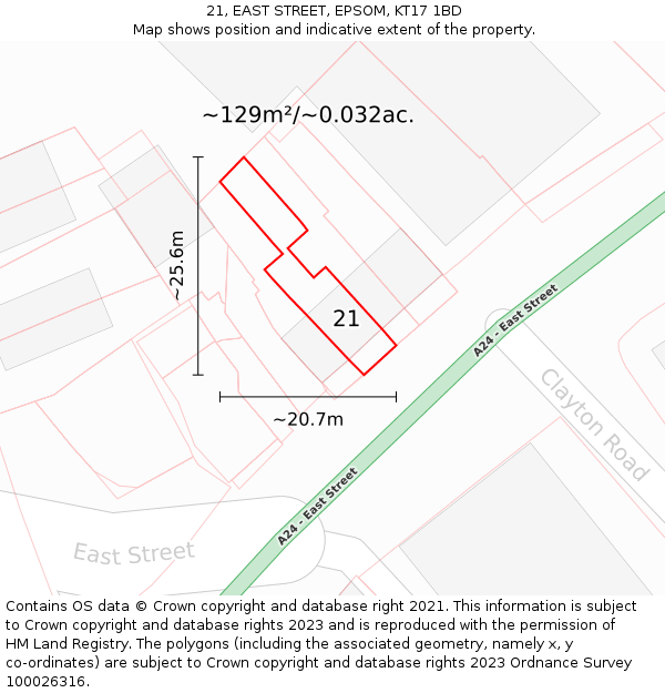 21, EAST STREET, EPSOM, KT17 1BD: Plot and title map