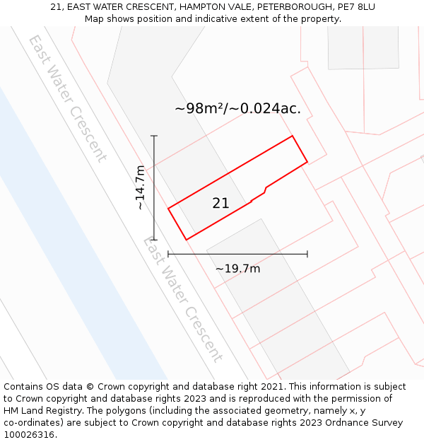 21, EAST WATER CRESCENT, HAMPTON VALE, PETERBOROUGH, PE7 8LU: Plot and title map