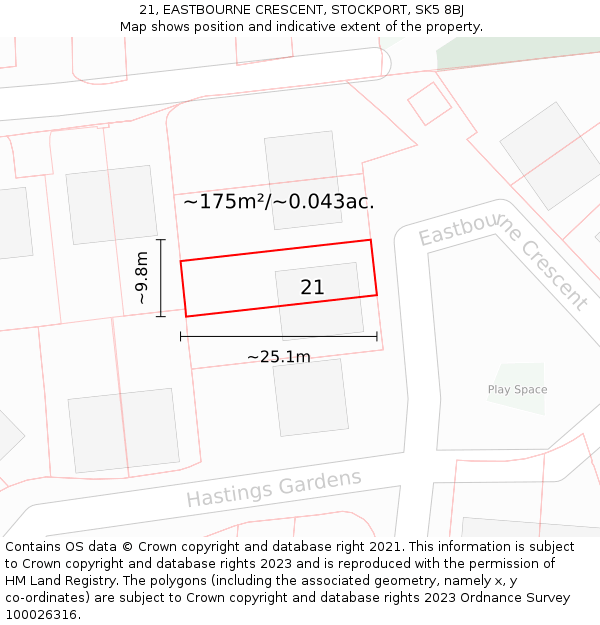21, EASTBOURNE CRESCENT, STOCKPORT, SK5 8BJ: Plot and title map
