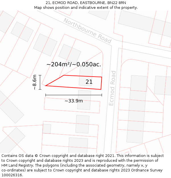 21, ECMOD ROAD, EASTBOURNE, BN22 8RN: Plot and title map