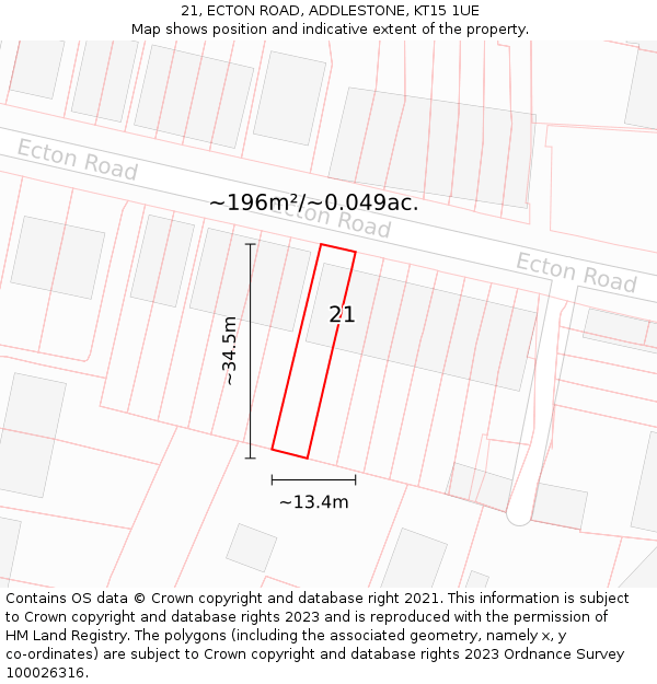 21, ECTON ROAD, ADDLESTONE, KT15 1UE: Plot and title map