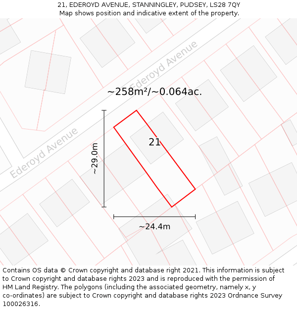 21, EDEROYD AVENUE, STANNINGLEY, PUDSEY, LS28 7QY: Plot and title map