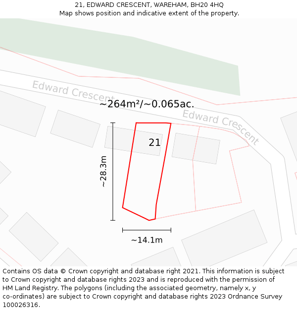 21, EDWARD CRESCENT, WAREHAM, BH20 4HQ: Plot and title map