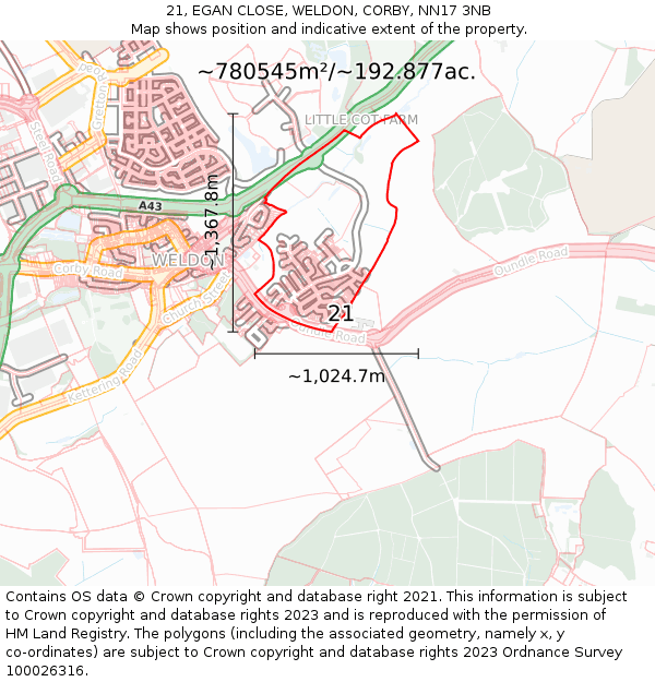 21, EGAN CLOSE, WELDON, CORBY, NN17 3NB: Plot and title map