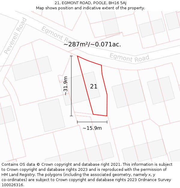 21, EGMONT ROAD, POOLE, BH16 5AJ: Plot and title map