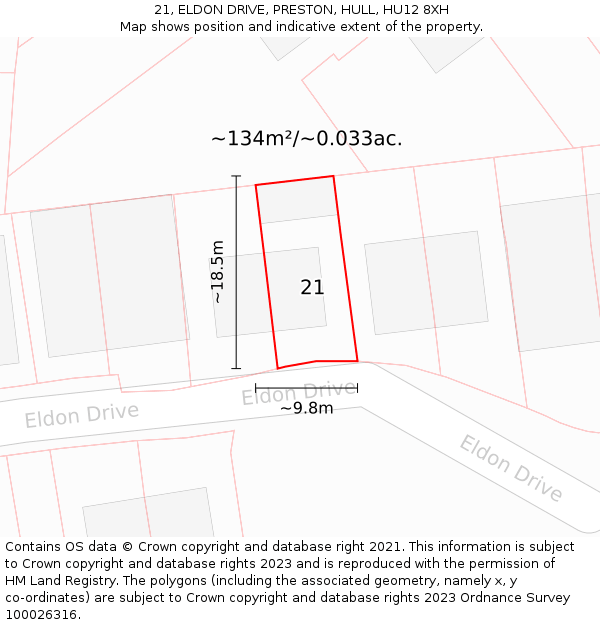 21, ELDON DRIVE, PRESTON, HULL, HU12 8XH: Plot and title map