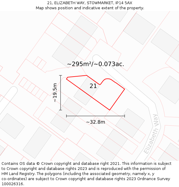 21, ELIZABETH WAY, STOWMARKET, IP14 5AX: Plot and title map
