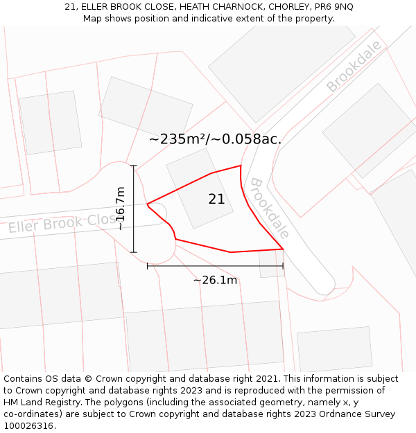 21, ELLER BROOK CLOSE, HEATH CHARNOCK, CHORLEY, PR6 9NQ: Plot and title map