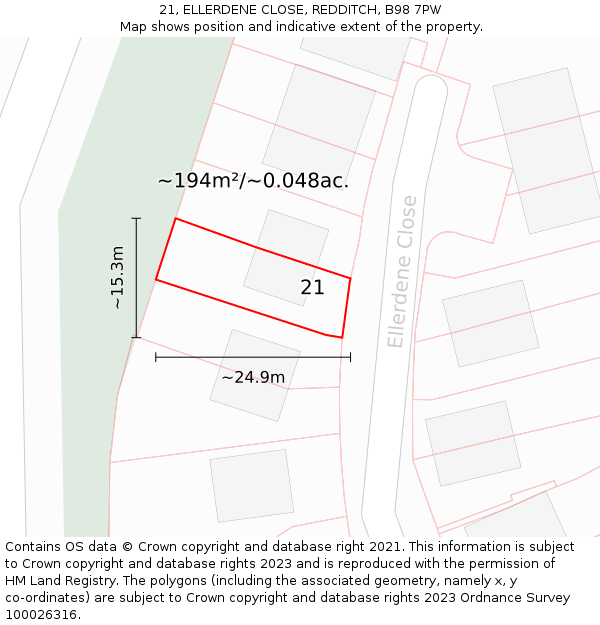 21, ELLERDENE CLOSE, REDDITCH, B98 7PW: Plot and title map