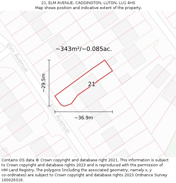 21, ELM AVENUE, CADDINGTON, LUTON, LU1 4HS: Plot and title map