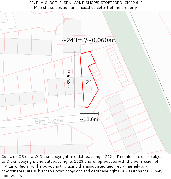 21, ELM CLOSE, ELSENHAM, BISHOP'S STORTFORD, CM22 6LE: Plot and title map
