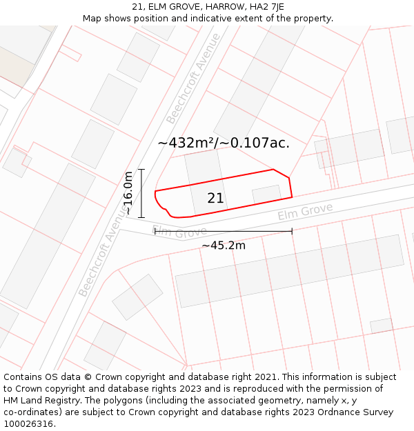 21, ELM GROVE, HARROW, HA2 7JE: Plot and title map