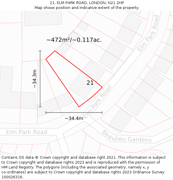 21, ELM PARK ROAD, LONDON, N21 2HP: Plot and title map