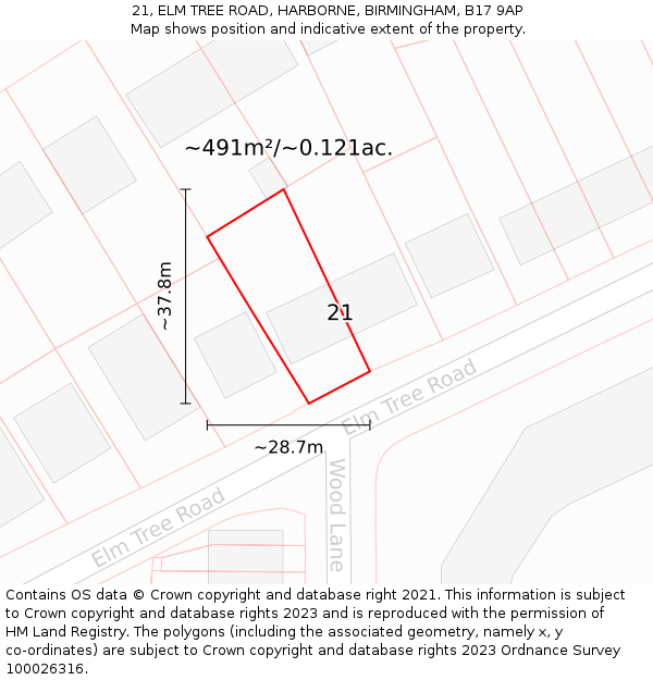 21, ELM TREE ROAD, HARBORNE, BIRMINGHAM, B17 9AP: Plot and title map