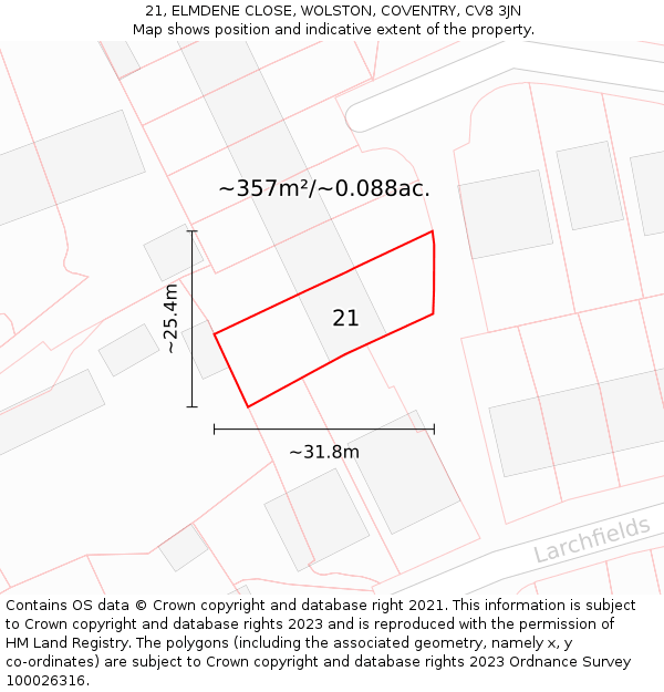 21, ELMDENE CLOSE, WOLSTON, COVENTRY, CV8 3JN: Plot and title map