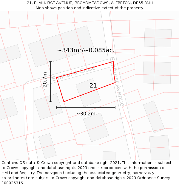 21, ELMHURST AVENUE, BROADMEADOWS, ALFRETON, DE55 3NH: Plot and title map