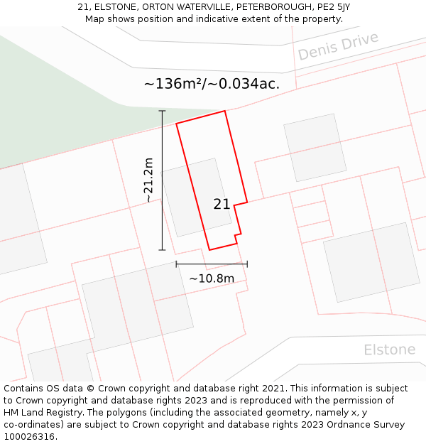 21, ELSTONE, ORTON WATERVILLE, PETERBOROUGH, PE2 5JY: Plot and title map