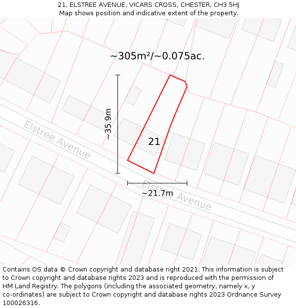 21, ELSTREE AVENUE, VICARS CROSS, CHESTER, CH3 5HJ: Plot and title map